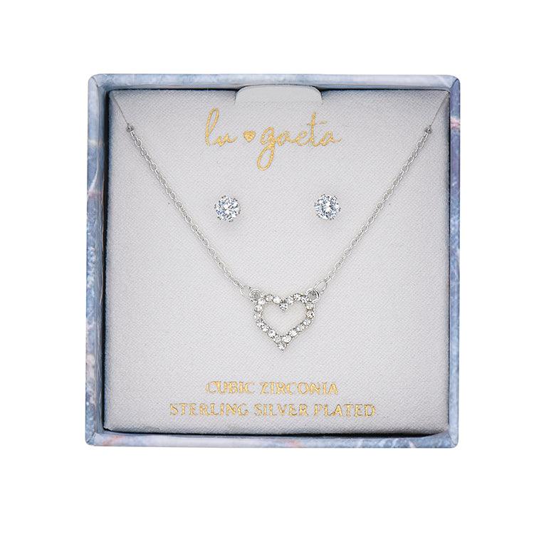 LU GAETA Gift Boxed Jewelry Sterling Silver "Heart" CZ Pendant & Stud Earring Set - Lu Gaeta