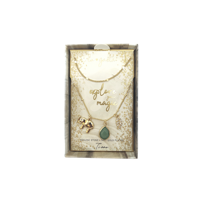 14K Yellow Gold Plated Jade Lucky Elephant & Leaf "Explore Your Magic" Women's Duo Pendant Set