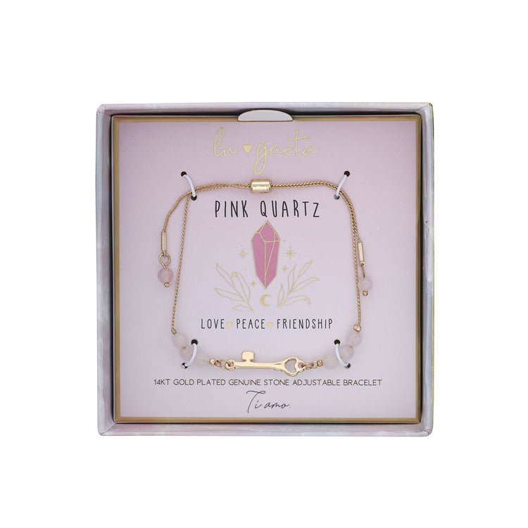 14K Yellow Gold Plated Rose Quartz Women's "Love, Peace, & Friendship" Key Adjustable Bracelet