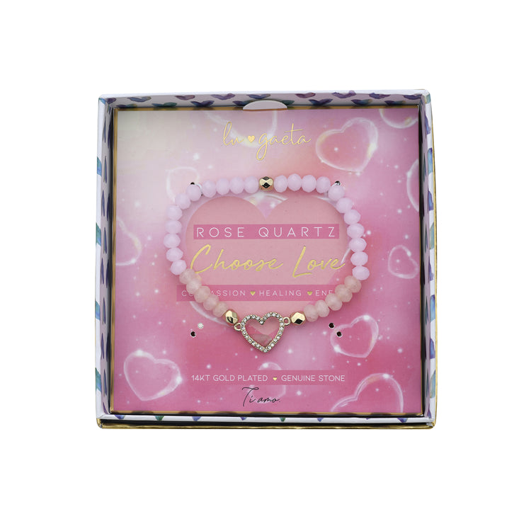 14K Yellow Gold Plated "Heart" Pink Quartz Stretch Bracelet