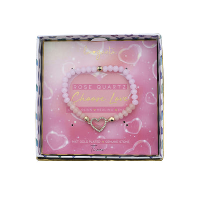 14K Yellow Gold Plated "Heart" Pink Quartz Stretch Bracelet