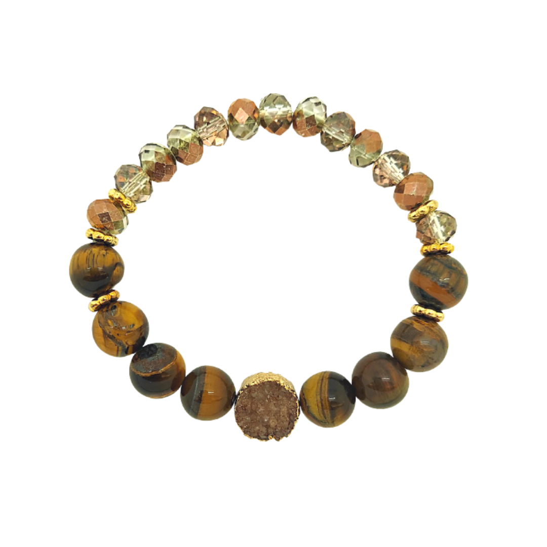 14K Yellow Gold Plated "Resilience" Calming Energy Druzy Tiger Eye Stretch Bracelet
