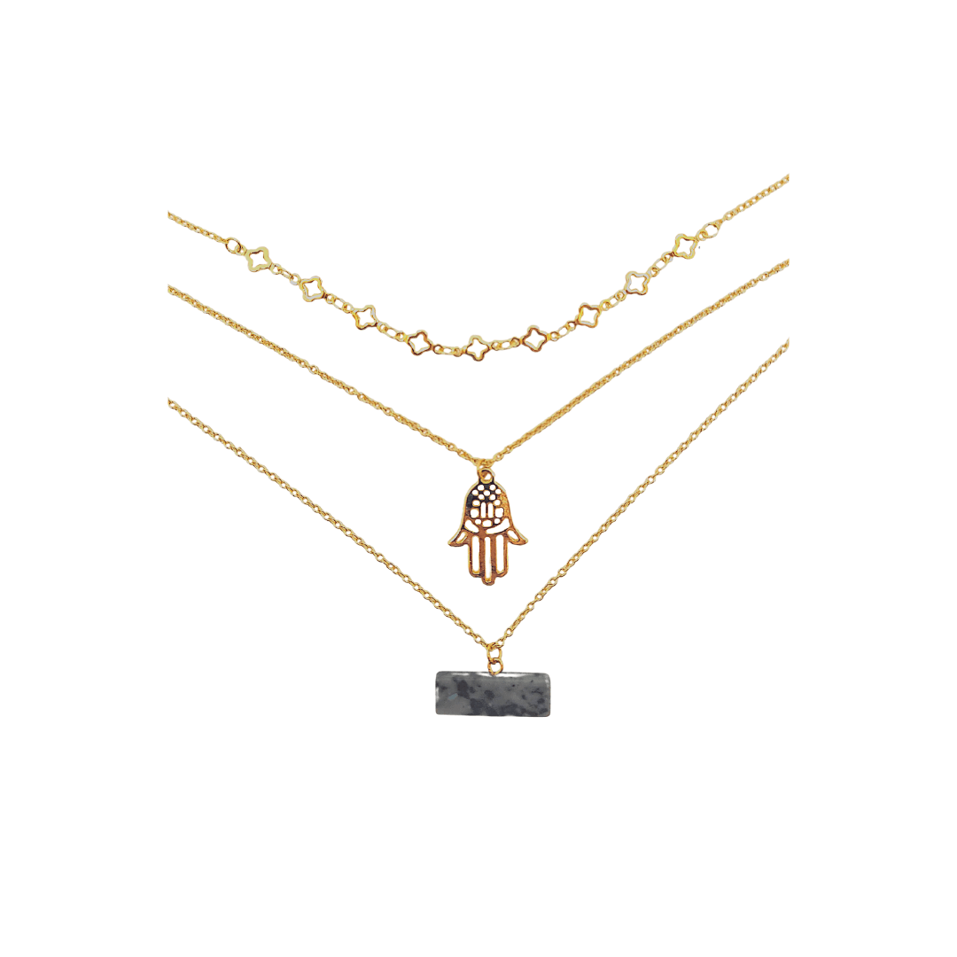 LU GAETA Gift Boxed Jewelry 14K Yellow Gold Plated Stone of Rejuvenation Labradorite Hamsa Trio Women's Pendant Set - Lu Gaeta