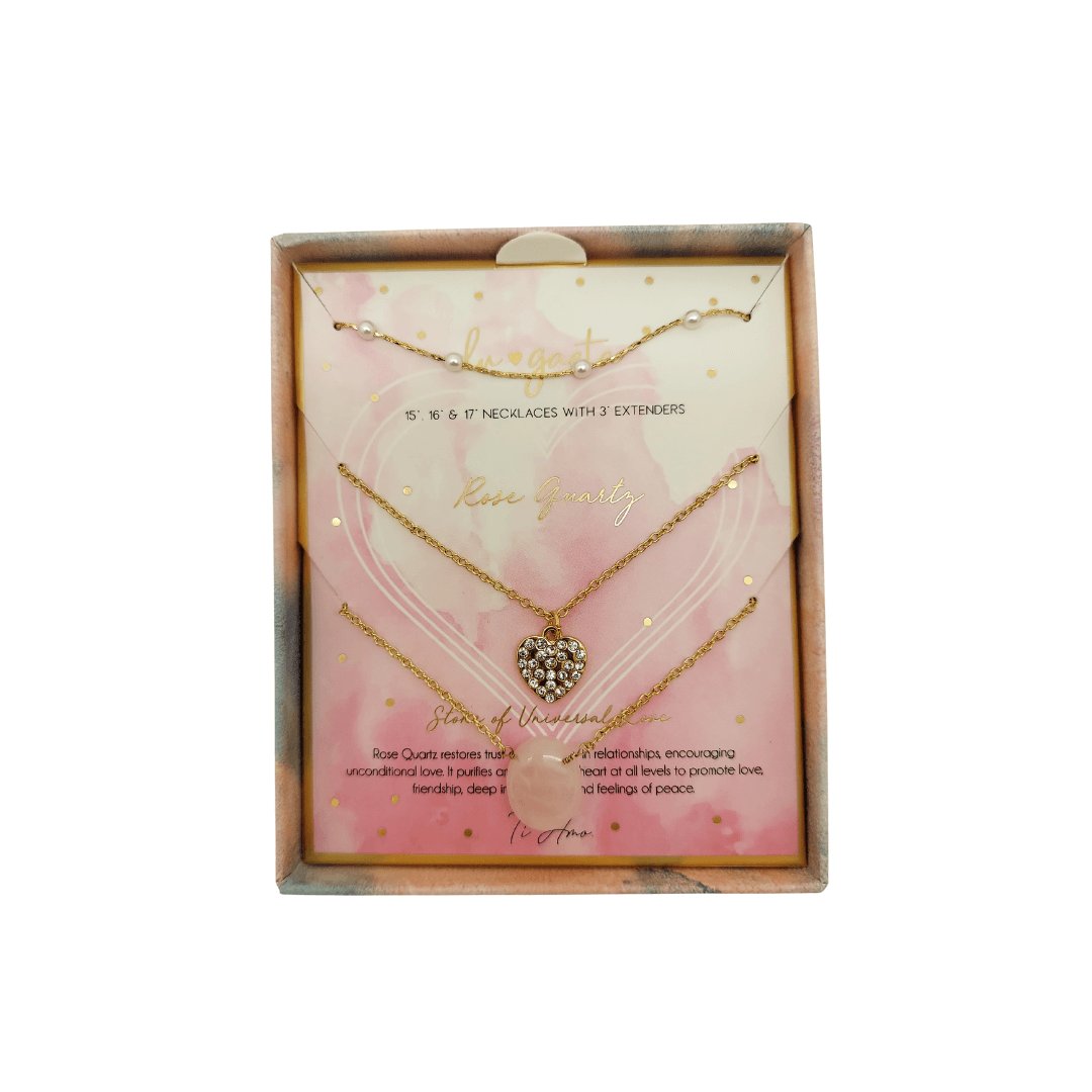 LU GAETA Gift Boxed Jewelry 14K Yellow Gold Plated Stone of Universal Love Rose Quartz Heart Trio Women's Pendant Set - Lu Gaeta