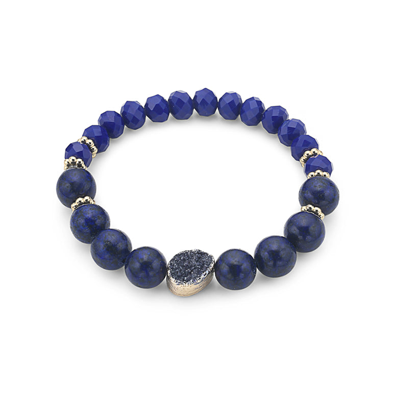 14K Yellow Gold Plated "Breathe" Calming Energy Druzy Lapis Lazuli Women's Stretch Bracelet