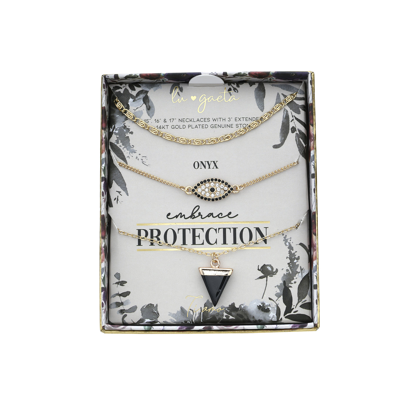 14K Yellow Gold Plated Evil Eye "Protection" Black Onyx Women's Trio Pendant Set