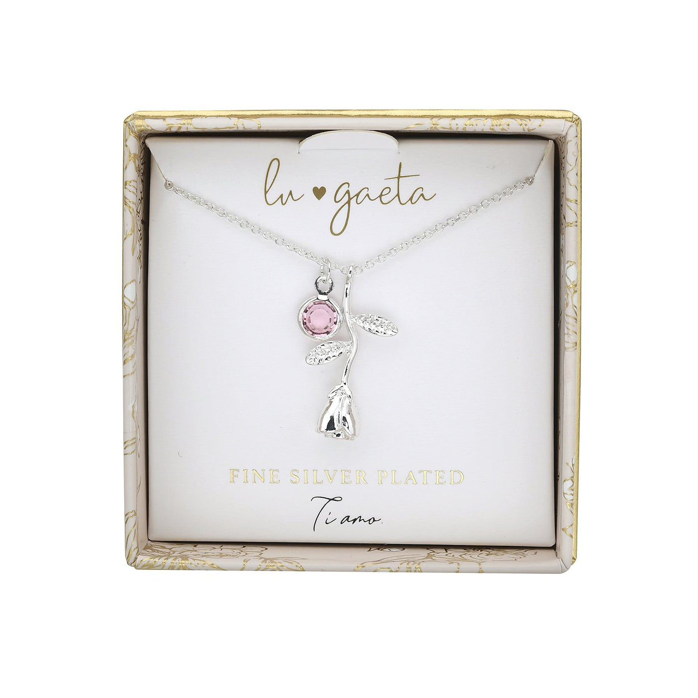 LU GAETA Gift Boxed Jewelry Silver Plated Pink Cubic Zirconia Women's Rose Pendant - Lu Gaeta