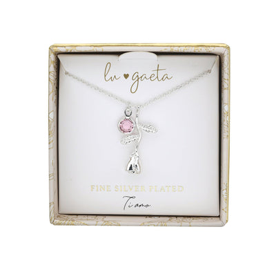 LU GAETA Gift Boxed Jewelry Silver Plated Pink Cubic Zirconia Women's Rose Pendant - Lu Gaeta