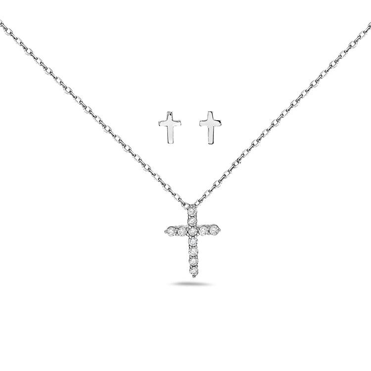 LU GAETA Gift Boxed Jewelry Sterling Silver & Cubic Zirconia Women's Faith Pendant & Stud Earrings Cross Set - Lu Gaeta