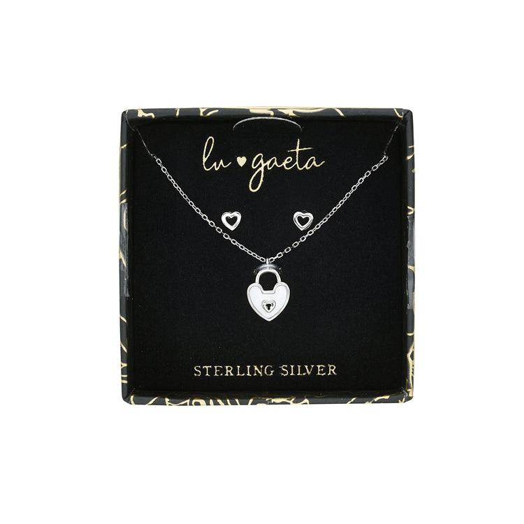 LU GAETA Gift Boxed Jewelry Sterling Silver & Cubic Zirconia Women's Locket Pendant & Stud Earrings Set - Lu Gaeta