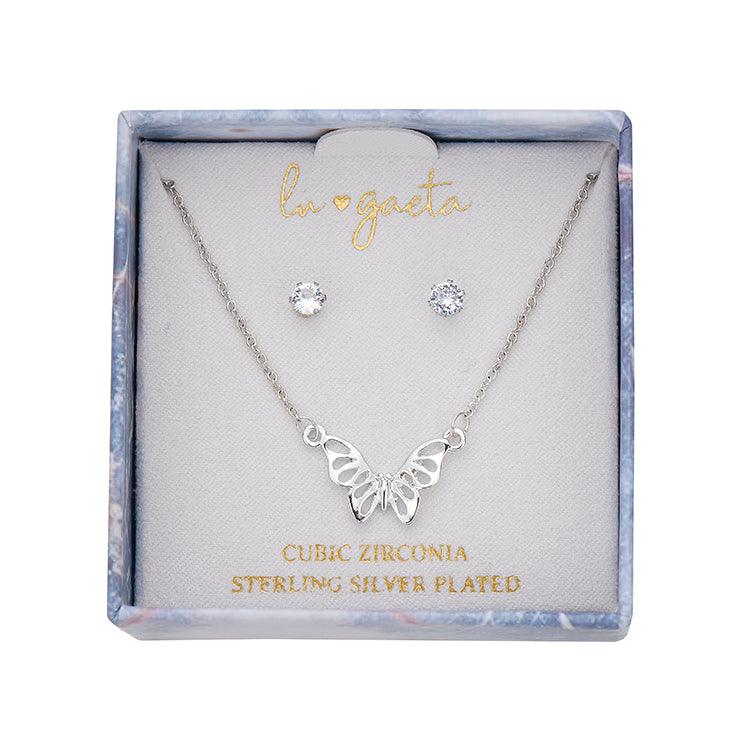 LU GAETA Gift Boxed Jewelry Sterling Silver "Butterfly" Pendant & CZ Earring Set - Lu Gaeta