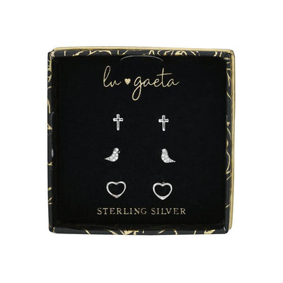 LU GAETA Gift Boxed Jewelry Sterling Silver & Cubic Zirconia Faith 3-Pack Box of Women's Stud Earrings - Lu Gaeta