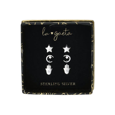 LU GAETA Gift Boxed Jewelry Sterling Silver & Cubic Zirconia Spirituality 3-Pack of Women's Stud Earrings - Lu Gaeta