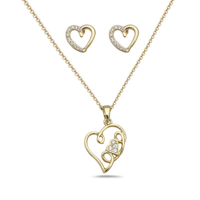 14K Yellow Gold Plated "Heart" CZ Pendant & Matching Heart Earring Set